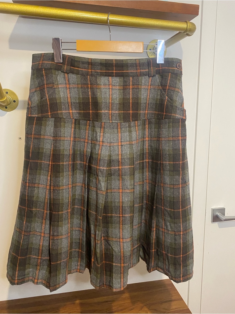Vintage Olive and Orange Plaid A-Line Skirt